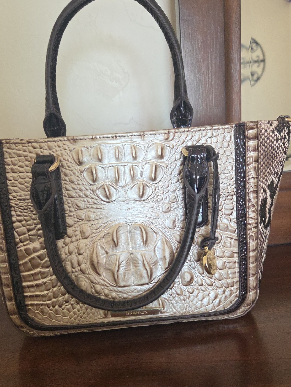 Brahmin Two-Tone Croc-Embossed Satchel in Cream and Dark Brown